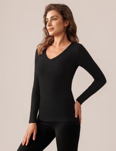Harlamvar Women Micro Fleece Lined Tops Long Sleeve Tops V Neck Base Layer — view 2