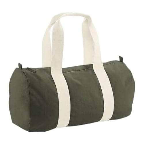 Westford Mill - EarthAware Organic Barrel Bag - Weekend, Gym, Travel, Overnight, Sports, Holdall Bag - 100% Organic Cotton - Olive Green - Small