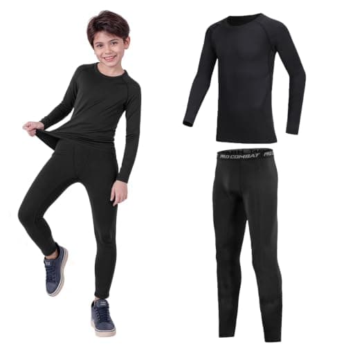 Fiohiros Boys Kids Base Layer,Pro Fleece-Lined Kid Thermal Long Sleeve Top Leggings Set,Athletic Thermal Underwear Football Compression Set for Sport Ski (Black Line 2-Piece Set, 8-9 Years; Size 26)
