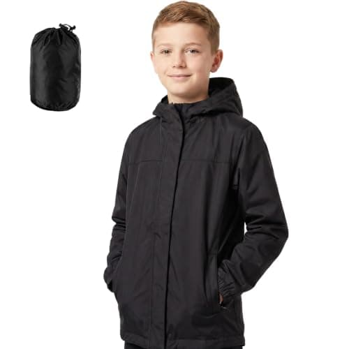 Pleyihe Kids Waterproof Jacket Boys Girls Lightweight Packable Rain Jacket Sun Protection Outdoor Raincoat for Hiking School Cycling Running (UK, Age, 11 Years, 12 Years, Regular, Black)