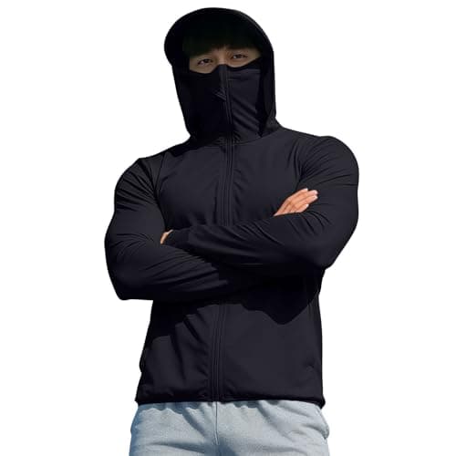 Mens UPF 50+ Sun Protection Hoodies with Mask SPF UV Rash Guard Jackets Summer Casual Long Sleeve Top Lightweight Breathable Shirt Pullover Fishing Running Hiking Athletic Outdoor Performance Uk M-4XL — view 2