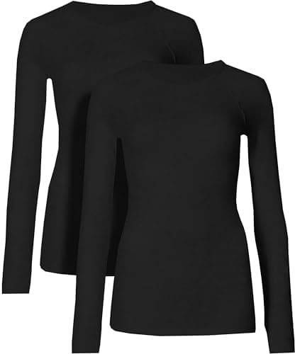 2x Pack Womens Thermal Long Sleeve Tops Soft Cotton Blend Base Layer Thermal Undershirt Warm Shirt for Cold Weather, Skiing Outdoor & Daily Wear (UK, Numeric, 10, 12, Regular, Regular, Black)