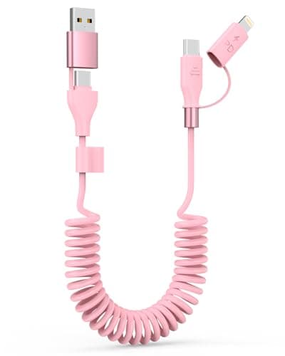 4 in 1 Multi Coiled USB C Cable for Car, 60W 3A Fast Charger Cable & Data Cable for Car Play & Android Auto, USB C/A to Lightning, USB C/A to USB C for iPhone 17 16, Android and Laptop, 4FT/Pink