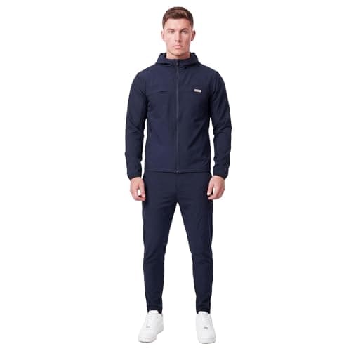 Spindle Men’s 2-Pack Premium Performance Tracksuit Twinset – Tech Bi-Stretch Athletic Hooded Jacket & Jogger Pants Sweatshirt Bundle, Breathable Cotton Poly Training Gym Sweatsuit Set (Navy) — view 2