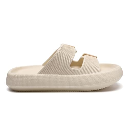 Waysoland Cloud Sliders Women Men Sandals with Adjustable Buckles,Shower Bathroom Non-Slip Quick Drying Open Toe Super Soft Comfy Thick Sole slippers Indoor Outdoor(Beige,7/8 UK) — view 4