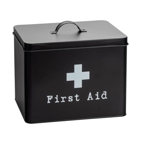 Harbour Housewares Vintage Metal First Aid Box - 29cm - Black - Medical Storage Tin with Airtight Lid, Handle & 2-Tier Removable Organiser Tray - Steel Medicine Storage Plasters, Pills & Essentials