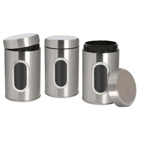 Harbour Housewares Tea Coffee Sugar Canisters Set - 3 Piece - Brushed Kitchen Canisters with Airtight Lids & Transparent Viewing Window - Stainless Steel Storage Tins for Kitchen Bench or Pantry