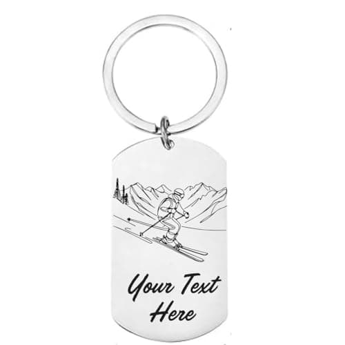First Glass Designs Personalised Stainless Steel Skiing Keyring – Dog Tag Style Keychain with Ski Design – Gift for Skiers, Winter Sports Lovers, Ski Trips & Holidays – Add Name or Message