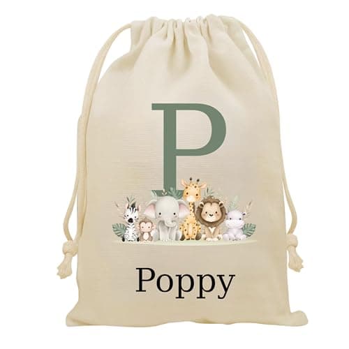 Personalised Gift Bag - Custom Name Jungle Theme Animals Drawstring Sack - Personalise Name Kids Children's Cotton Canvas Newborn Baby Shower Birthday Christening Present Treat - Canvas S - 23 x 34cm — view 2