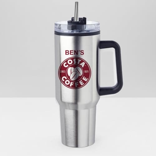 Giftme Personalised with Any Name Costa Unique, 40oz Travel Tumbler with Handle & Straw |Stainless Steel Large Cup | Travel Water Bottle | Car Coffee Mug. (Silver) — view 4