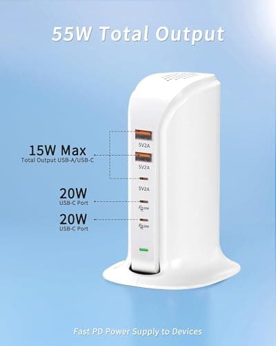 Qurzou USB C Charging Station 55W,Multi USB C Charger Tower,5 Port USB Charging Hub for iPhone 16/15/14/13,Samsung,iPad,etc(white 55W) — view 3