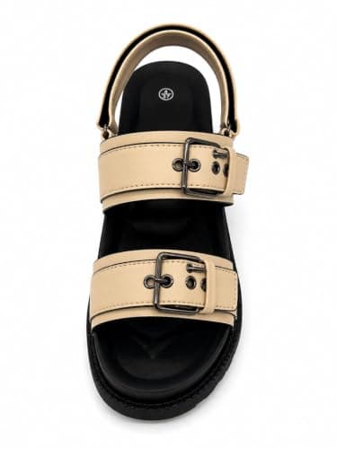 Core Collection Womens Buckle Sandals Ladies Open Toe Faux Leather Platform Gladiator Shoes (Beige, UK Footwear Size System, Adult, Women, Numeric, Medium, 4) — view 4