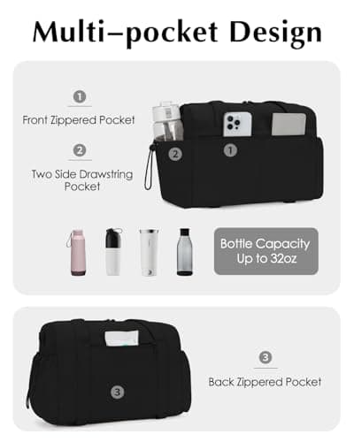 Small Gym Bag Womens with Yoga Mat Holder and Wet Compartment, Puffer Black — view 6