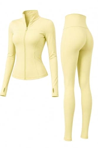 Yu & Me PARIS Women Seamless 2 Piece Gym Set – Long Sleeve Zip Up Sports Jacket & High Waisted Leggings Matching Activewear Yoga Workout Tracksuit (Yellow, M/L, 12-16)