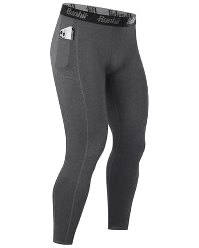 Runhit Men’s Compression Trousers with Pockets, Running Leggings Thermal Tights, Sports Base Layer Pants for Fitness Walking Yoga Gray XL