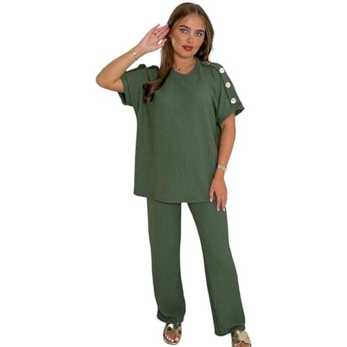 Womens Summer 2 Piece Sets Tracksuit for Women Casual Gold Button Travel Vacation Outfits Ladies Short Sleeve Sweatsuits Matching Wide Leg Crop Pants Track Suits (Khaki, UK 16-18)