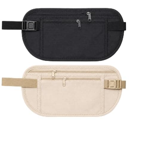 WVGSXBO 2 Pack Hidden Travel Money Passport Belt, Waterproof Anti-Theft Undercover Waist Pouch, Adjustable Secure Wallet for Passport Cash Cards Phone Adults, Black & Beige