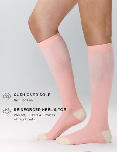 FITRELL 3 Pairs Compression Socks for Women and Men 20-30 mmHg Travel Flight Socks Medical Knee High Socks for Sport, Flying, Nurse, Pregnant Women, Varicose Veins, Light Blue+Pink+Purple, S/M — view 6