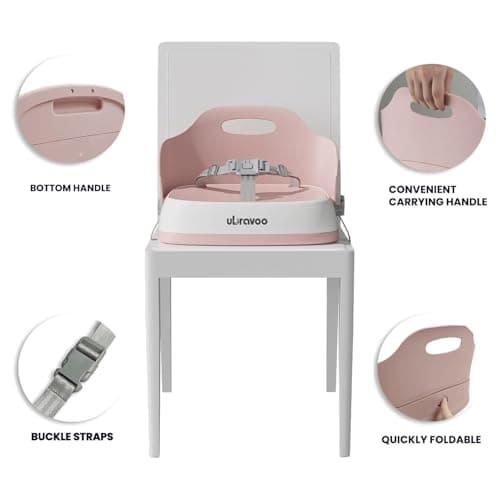 UBRAVOO Portable Booster Seat for Dining, Travel High Chair with 3-Point Harness and 2 Adjustable Straps, Washable Baby Food Chairs 6 Months Plus Sitting Up(Pink) — view 4