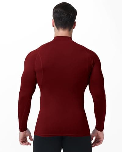 Runhit Burgundy Long Sleeve Compression Top High Neck T Shirts for Men Quick Dry Gym Fitness Workout MMA BJJ Training Base Layer M — view 3