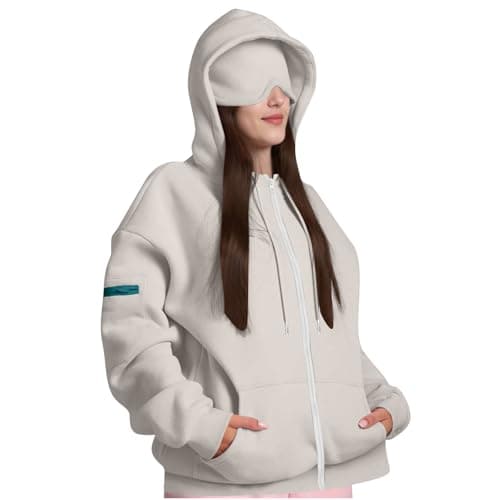 Womens Travel Hoodies with Eye Mask Built in Oversized Airplane Hoodie Secret Pockets Pullover Zip Up Hooded Sweatshirt Autumn Winter Thermal Fleece Jackets Tops UK Size — view 2