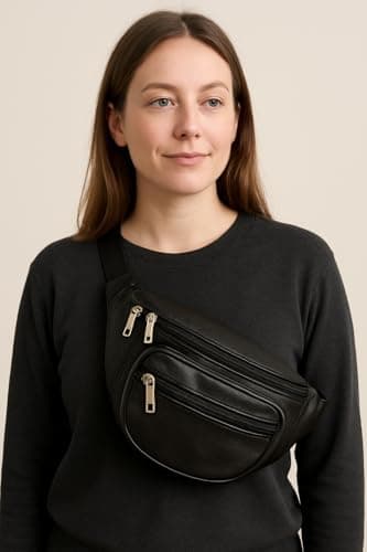 ODS:UK® Real Leather Bum Waist Bag Travel Holiday Money Belt Pouch Black Change BUMBAG (Black - Style 2) — view 3