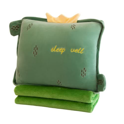 Rikyo 15" Stuffed Fruit Travel Blanket and Pillow Set, 3 in 1 Plush Hugging with Warming Hands Blanket for Kids Gift Travel Airplane Train Bed Office Nap (Cactus - Green)
