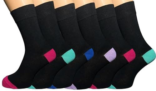 6 pairs WOMENS NON ELASTIC DIABETIC SOCKS GENTLE GRIP - LADIES COTTON SOCKS FOR SWOLLEN LEGS AND FEET - SOFT TOP SOCK FOR WOMEN One Size 4-7 UK(UK, Alpha, One Size, Regular, Regular, Colored Heel&T)