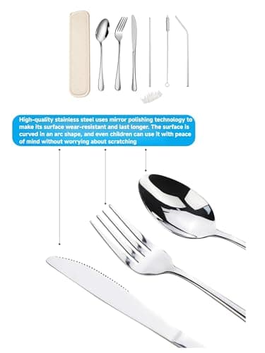 QZLSAYSL 8-Piece Travel Cutlery Set, Reusable Stainless Steel Flatware with Storage Box, Suitable for School, Travel, Camping (Beige) — view 4