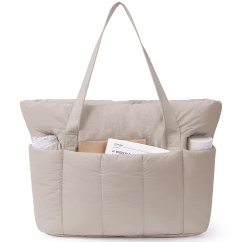 Narwey Work Tote Bags for Women, Large Puffer Teacher Laptop Tote Bag with Zip, Ladies Handbags Shoulder Bag for School College Shopping Work Travel Gym Beach (Khaki)