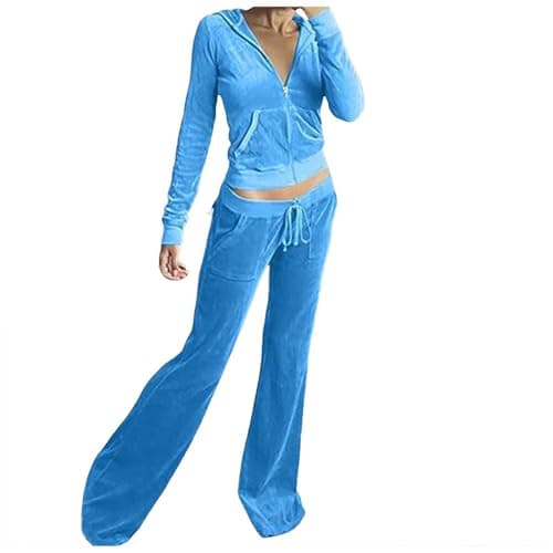 Womens Velour Tracksuits Set Sweatsuit Long Sleeve Zip Up Hoodie Top and Jogging Pants 2 Piece Sports Outfits Casual Loungewear Ladies Velvet Jogger Suit Sportswear for Ladies (Sky Blue, M)
