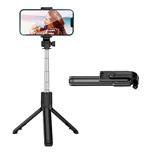 Generic Telescopic Folding Live Video Tripod Selfie Stick with Remote Control for Family Travel Portable Stainless Steel Selfie Rod for Vertical and Horizontal Photos (Black)