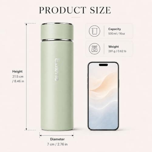 【Upgraded】 Exllena Small 500ml Water Bottle for Handbag – Small Flask for Hot & Cold Drinks, Perfect Small Insulated Water Bottle for Travel, Milk, Coffee...(Mint-Green) — view 2