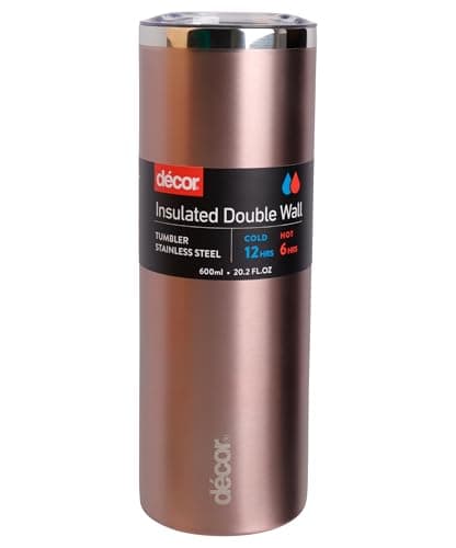 Décor Double Wall Stainless Steel Travel Mug - Keeps 6 Hours Hot - 12 Hours Cold - Car Cup Holder Compatible - Easy Drinking Access with a Slide Cap Lid - 600ml Rose Gold.