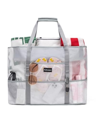 Large Beach Bag with Zip Mesh Beach Bags for Women Men Family, L White