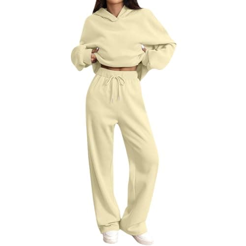 Tracksuit Womens Full Set Oversized 2 Piece Outfits Long Sleeve Hoodie and Sweatpants Women Lounge Wear Sets Fashion Sweatsuits Wide Leg Jogger Loose Loungewear Gym Fitness Activewear Set Beige L