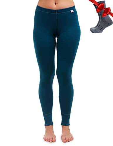 100% Merino Wool Base Layer Womens Leggings, Thermal Underwear + Wool Socks (Medium, 250 Deep Teal)