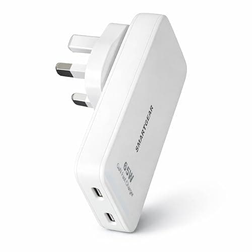SMARTGEAR 65W USB C Charger, Ultra Thin GaN Dual Port Travel Charger with UK EU US Plug, Fast Charging Adapter for MacBook Pro Air, iPhone 17 16 15, iPad Pro, Samsung Galaxy