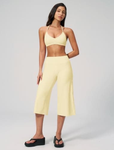 ABOCIW Workout Sets for Women Two Piece Halter Sports Bra Matching Wide Leg Capri Pants Gym Work Yoga Pilates Outfits, Butter Yellow, Large — view 2