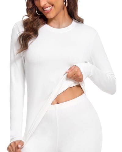 SIHOHAN Women's Thermal Tops Round Neck Warm Long Sleeve Thermal Top White