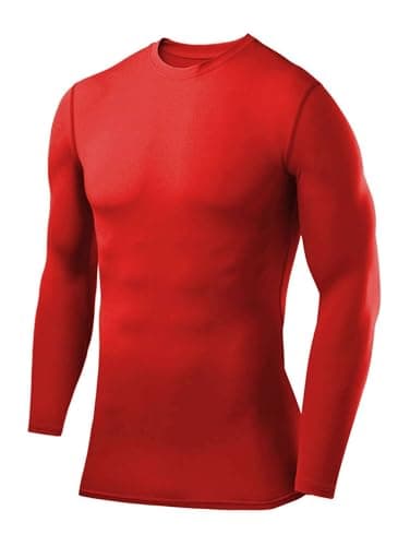 PowerLayer Kids Base Layer Long Sleeve Compression Shirt. Lightweight and Moisture Wicking Thermal Top for Football, Rugby, Soccer and Gym for Boys - Red, 10-12 Years (Boys Large)