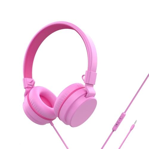 Kids Headphones Wired,On-Ear Wired Headphones for School,Safe Volume Limited 85/94dB,HD Mic Stereo Sound Girls Boys Wired Headphone for Kids,Foldable Headset for Travel Computer Plane Tablet (Pink)