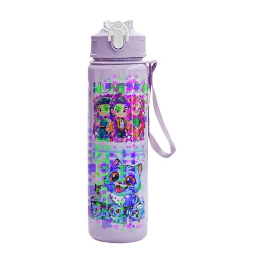 Metaparty 750ML/25OZ Korean Pop Water Bottle with Straw, Kids Water Bottle for Girls with Cartoon Print, Leak-Resistant Drinks Bottle with Handle for School Travel Camping (Purple)
