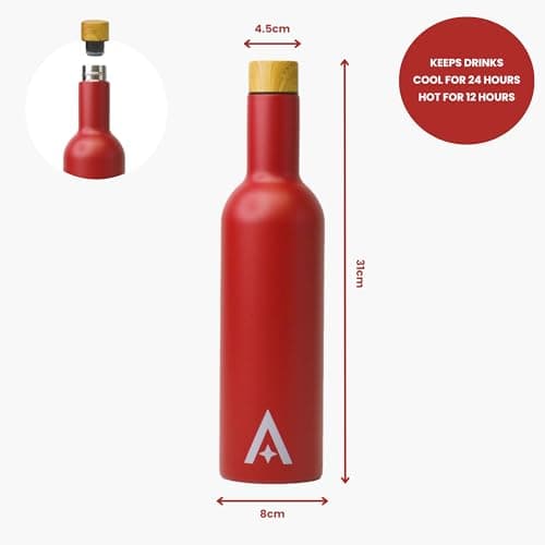 Insulated Travel Wine Bottle/Thermal Bottle Flask for Hot or Cold Drinks / 750ml Stainless Steel Screw Top (Red) — view 3