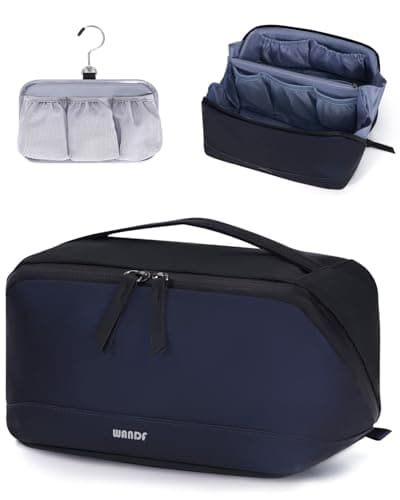 WANDF Toiletry Bag for Men Travel Wash Bag PU Leather Toiletry Organizer with Detachable Waterproof Hanging Pouch Open-Flat Dopp Kit Shaving Bag with Wet Pocket for Travel Accessories (Navy Blue)