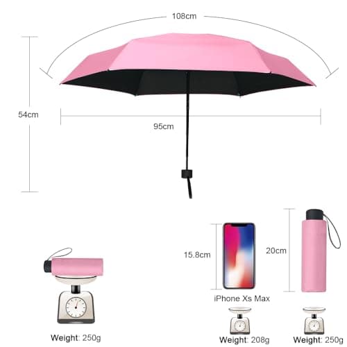 Vicloon Mini Travel Umbrella, Small Compact Umbrella with UPF50+ Protection, 210T Black Rubber Cloth & 6 Aluminum Alloy Ribs Folding Umbrellas, Lightweight Tiny Pocket Umbrellas (Pink) — view 2