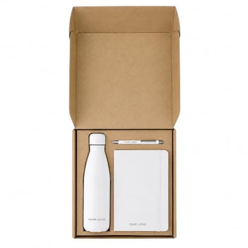Personalised Executive Gift Set with A5 PU Notebook, Aluminium Ballpoint Pen & 500ml Stainless Steel Insulated Bottle | Custom Engraved Corporate Gift Box