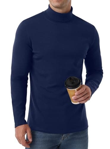 Hisir Men's Thermal Top, Long Sleeve Cotton Roll Neck Base, Navy Blue, M — view 5