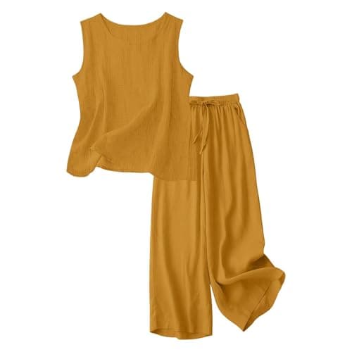 Ladies Travel Outfits Coord Sets for Women Uk Summer 2 Piece Cotton Linen Airport Outfit Sleeveless Womens Tank Tops Wide Leg Trousers Casual Travel Beach Holiday Clothes Lounge Wear Set Gold M — view 4