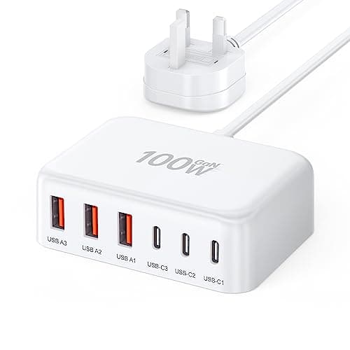 100W GaN 6 Port USB C Charging Station - Portable Travel Multi Desktop Charger With 3 USB C and 3 USB A Fast Charging for iPad iPhone 16 15 14 13 12 Pro Max Pixel Note Galaxy - White